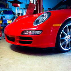 Porsche 997 getting scheduled maintenance services at our Chicago region Porsche mechanic shop
